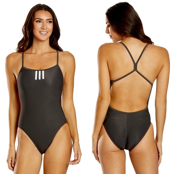 Adidas Black Solid Three Stripes C-Back One Piece - Picture 1 of 6